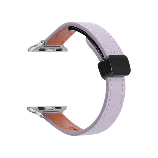 For Apple Watch SE 44mm Slim Magnetic Buckle Genuine Leather Watch Band(Litchi Lavender) by bashfashion