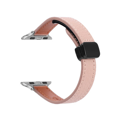 For Apple Watch Series 6 44mm Slim Magnetic Buckle Genuine Leather Watch Band(Litchi Pink) by bashfashion