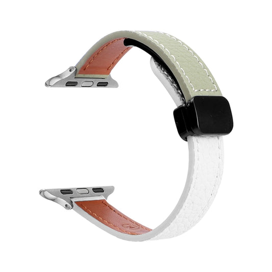 For Apple Watch Series 5 40mm Slim Magnetic Buckle Genuine Leather Watch Band(Litchi Beige Green) by bashfashion