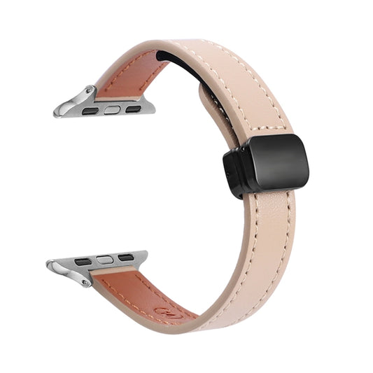 For Apple Watch Series 4 44mm Slim Magnetic Buckle Genuine Leather Watch Band(Plain Apricot) by bashfashion