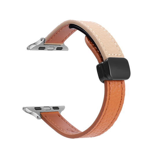 For Apple Watch Series 4 44mm Slim Magnetic Buckle Genuine Leather Watch Band(Litchi Orange Apricot) by bashfashion
