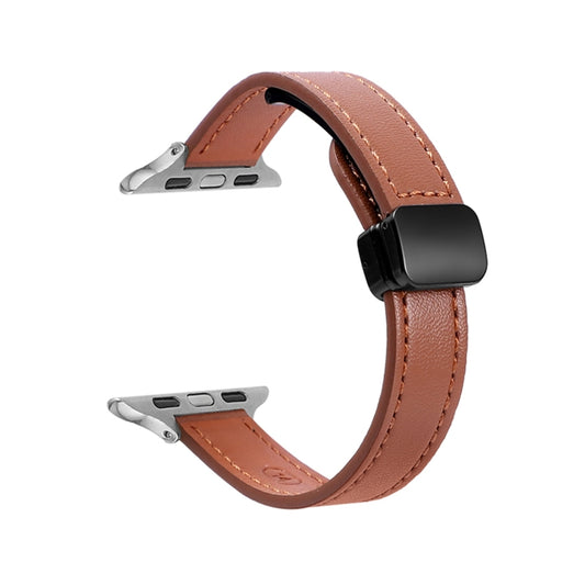 For Apple Watch Series 3 42mm Slim Magnetic Buckle Genuine Leather Watch Band(Plain Brown) by bashfashion