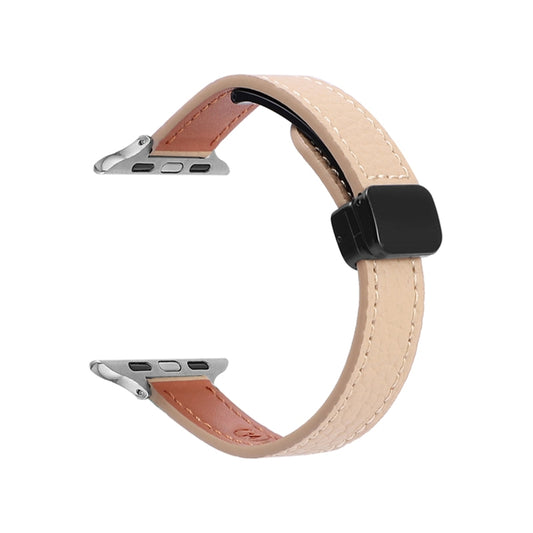 For Apple Watch 38mm Slim Magnetic Buckle Genuine Leather Watch Band(Litchi Apricot) by bashfashion