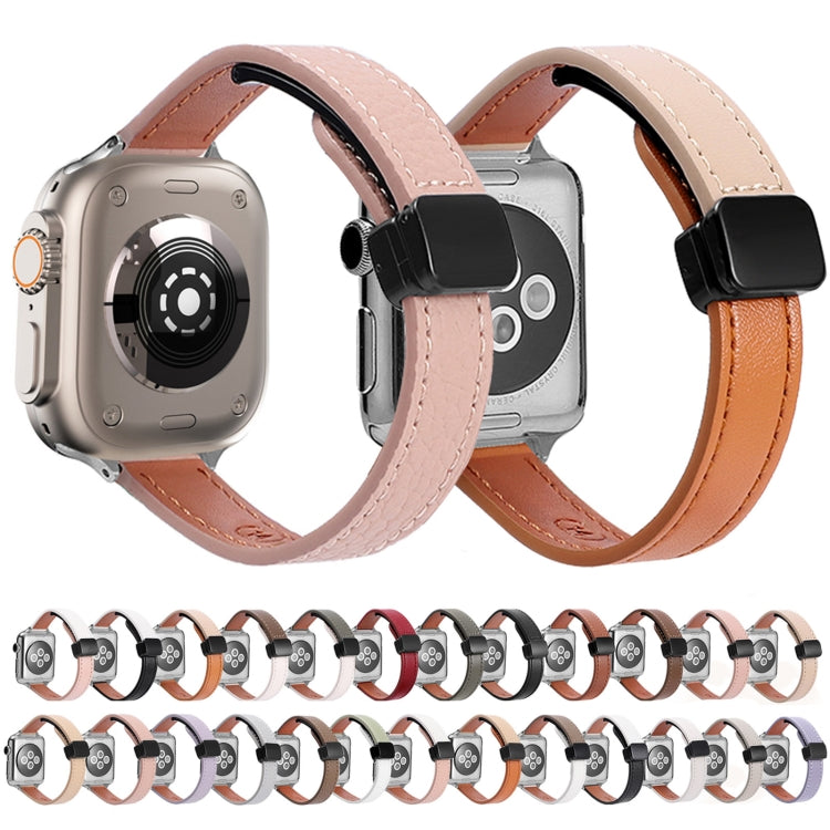 For Apple Watch Series 7 45mm Slim Magnetic Buckle Genuine Leather Watch Band(Plain Coffee) by bashfashion