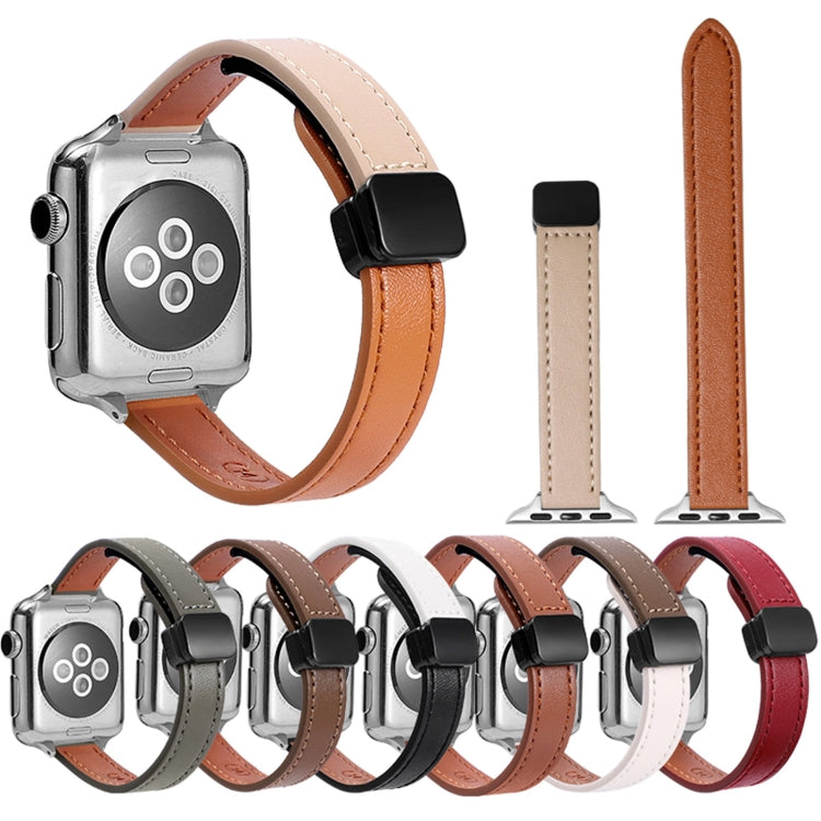 For Apple Watch Series 7 45mm Slim Magnetic Buckle Genuine Leather Watch Band(Plain Coffee) by bashfashion