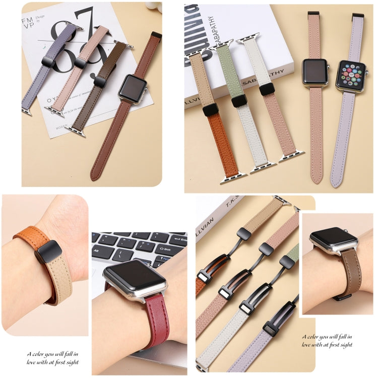For Apple Watch Series 6 44mm Slim Magnetic Buckle Genuine Leather Watch Band(Litchi Pink Beige) by bashfashion