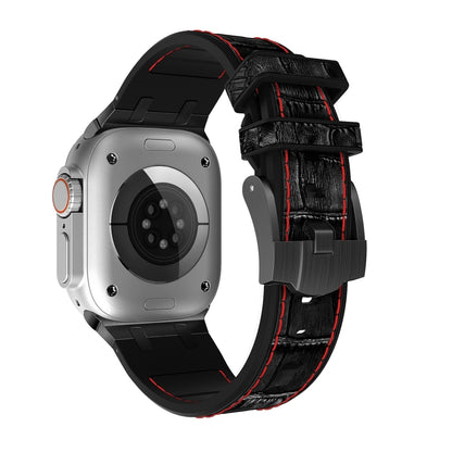 For Apple Watch SE 2023 44mm Crocodile Texture Liquid Silicone Watch Band(Black Red Black) by bashfashion
