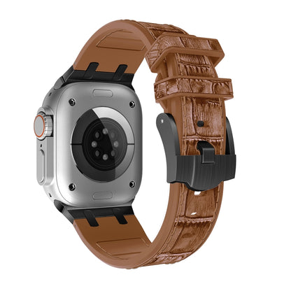 For Apple Watch Ultra 2 49mm Crocodile Texture Liquid Silicone Watch Band(Black Yellow Brown) by bashfashion