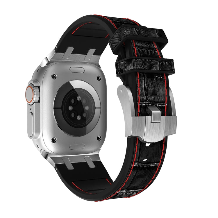 For Apple Watch Ultra 2 49mm Crocodile Texture Liquid Silicone Watch Band(Silver Red Black) by bashfashion