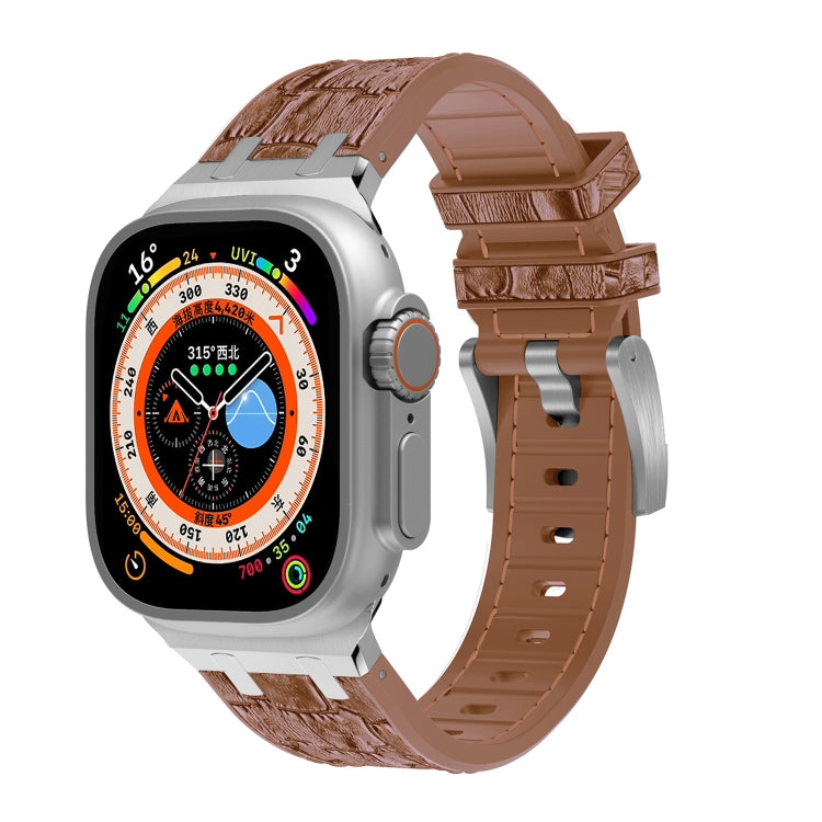 For Apple Watch Ultra 2 49mm Crocodile Texture Liquid Silicone Watch Band(Silver Yellow Brown) by bashfashion