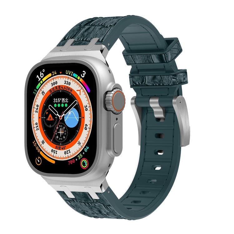 For Apple Watch Ultra 2 49mm Crocodile Texture Liquid Silicone Watch Band(Silver Deep Green) by bashfashion