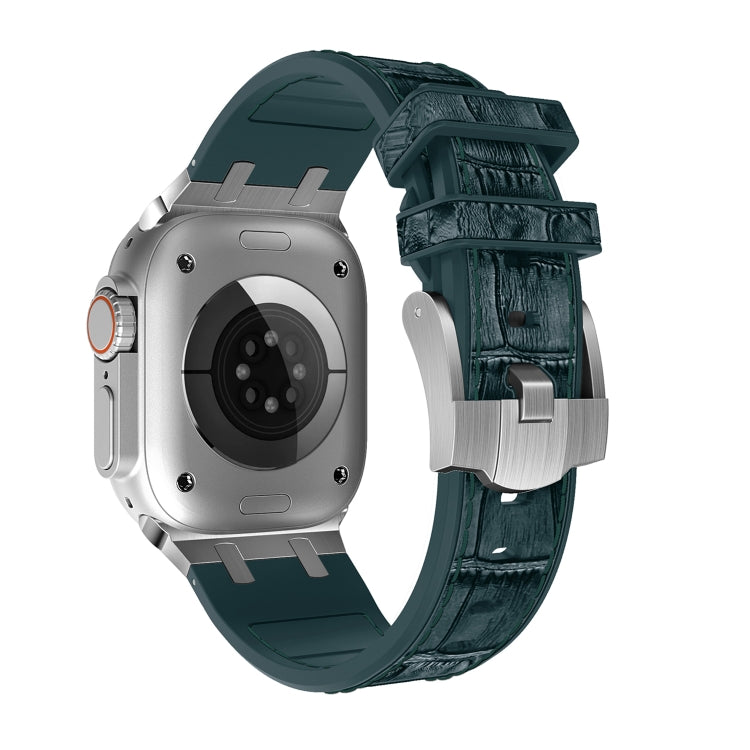For Apple Watch Ultra 2 49mm Crocodile Texture Liquid Silicone Watch Band(Silver Deep Green) by bashfashion