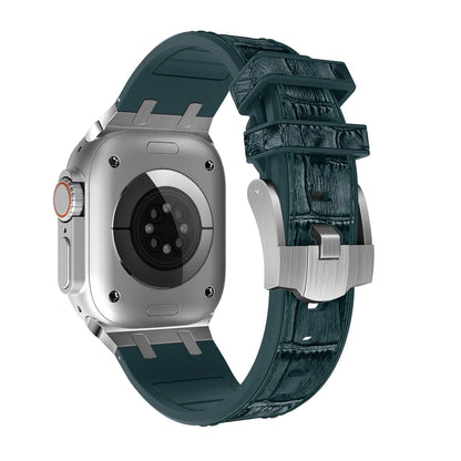 For Apple Watch Series 9 45mm Crocodile Texture Liquid Silicone Watch Band(Silver Deep Green) by bashfashion