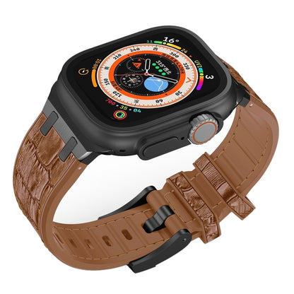 For Apple Watch Series 9 41mm Crocodile Texture Liquid Silicone Watch Band(Black Yellow Brown) by bashfashion