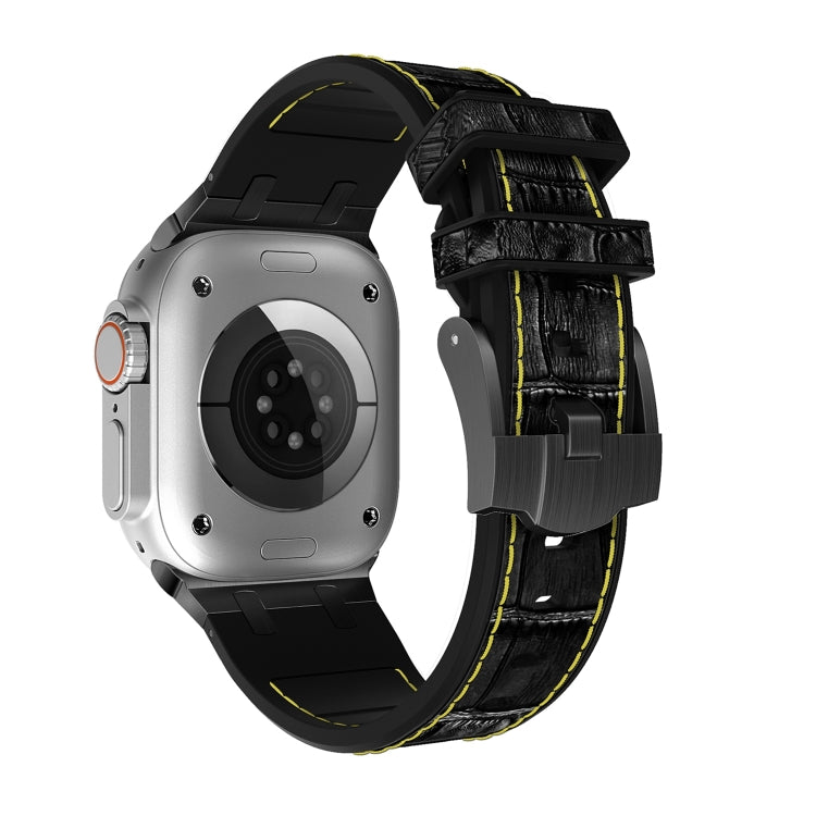 For Apple Watch Ultra 49mm Crocodile Texture Liquid Silicone Watch Band(Black Yellow Black) by bashfashion
