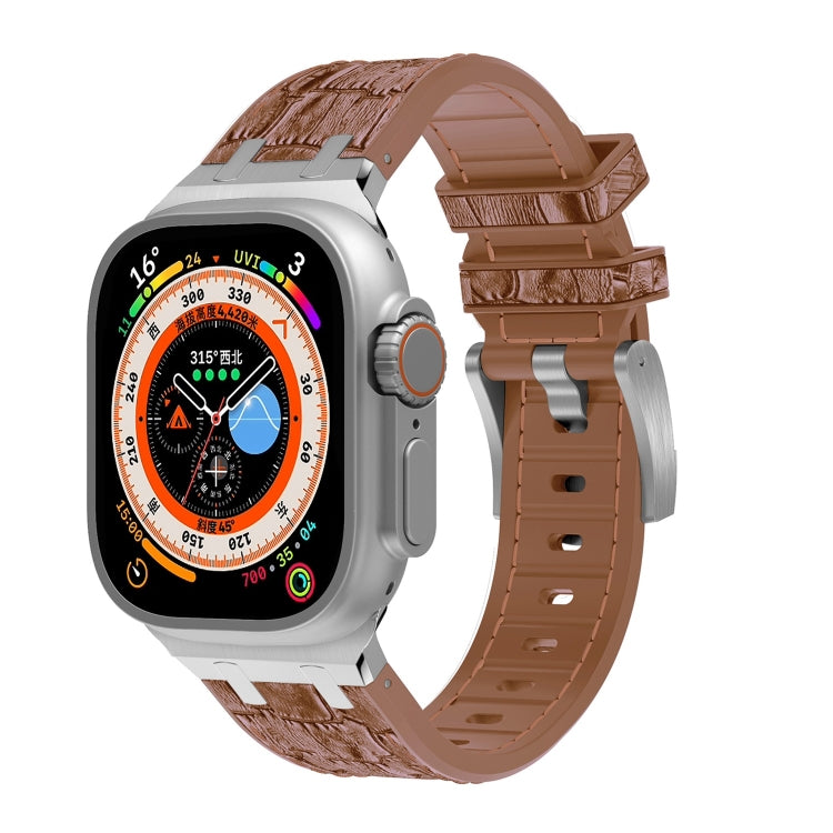 For Apple Watch Ultra 49mm Crocodile Texture Liquid Silicone Watch Band(Silver Yellow Brown) by bashfashion