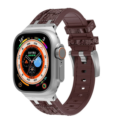 For Apple Watch Ultra 49mm Crocodile Texture Liquid Silicone Watch Band(Silver Dark Brown) by bashfashion