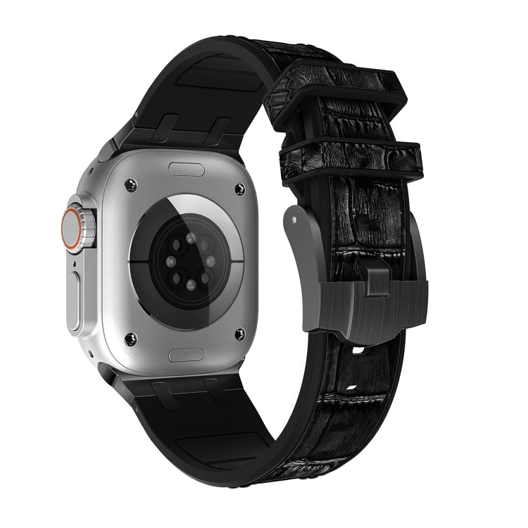 For Apple Watch Series 8 45mm Crocodile Texture Liquid Silicone Watch Band(Black Black) by bashfashion