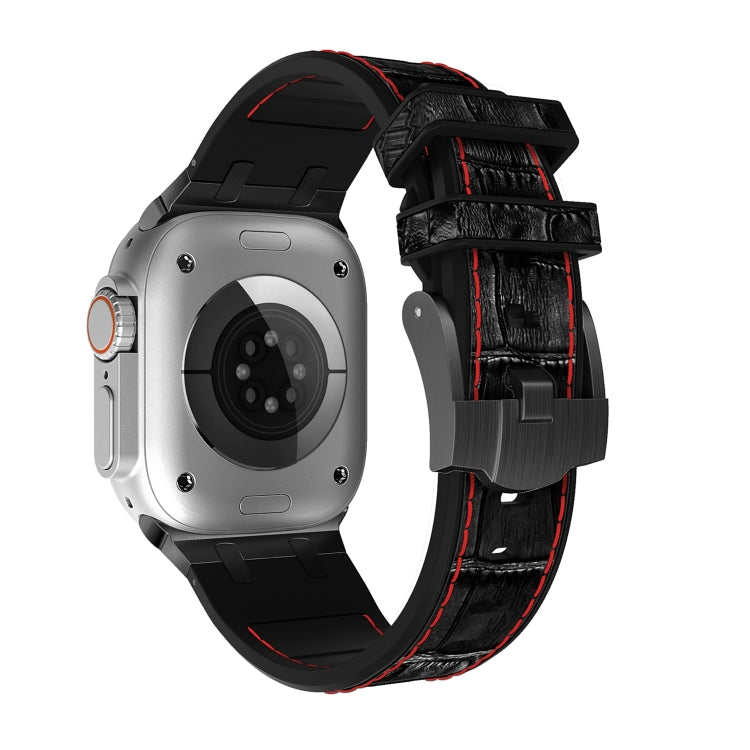 For Apple Watch Series 8 45mm Crocodile Texture Liquid Silicone Watch Band(Black Red Black) by bashfashion