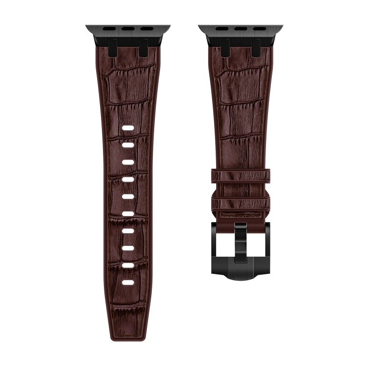 For Apple Watch Series 8 45mm Crocodile Texture Liquid Silicone Watch Band(Black Dark Brown) by bashfashion