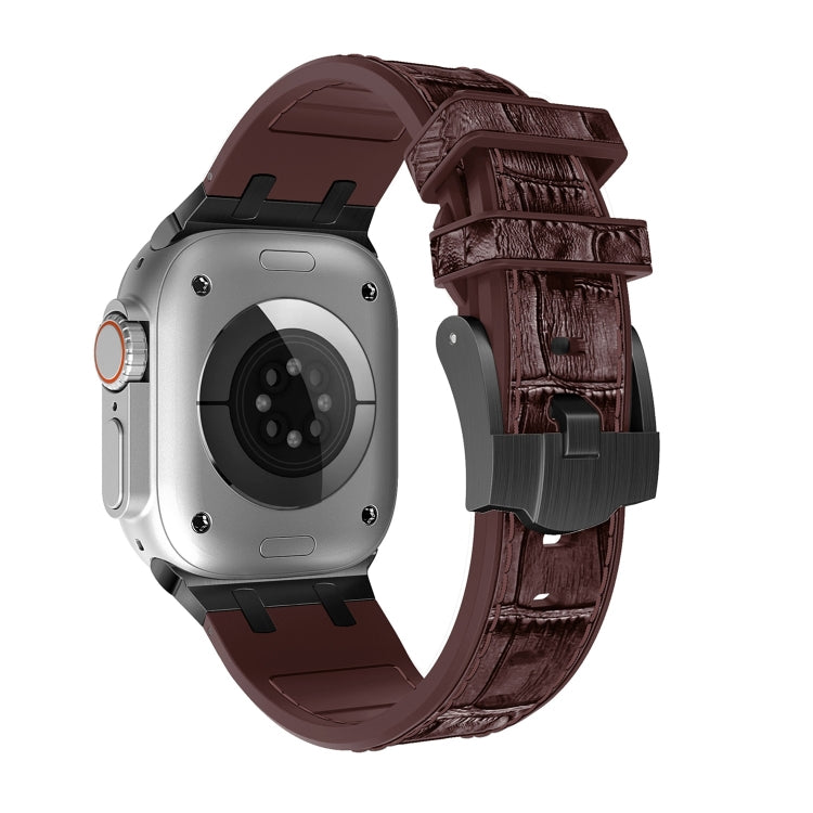 For Apple Watch Series 8 45mm Crocodile Texture Liquid Silicone Watch Band(Black Dark Brown) by bashfashion