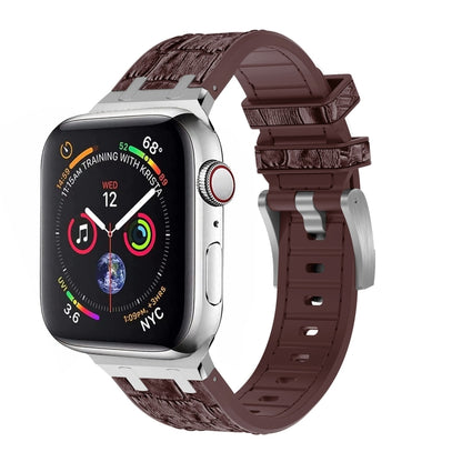 For Apple Watch Series 8 45mm Crocodile Texture Liquid Silicone Watch Band(Silver Dark Brown) by bashfashion