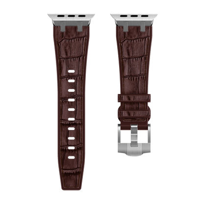 For Apple Watch Series 8 45mm Crocodile Texture Liquid Silicone Watch Band(Silver Dark Brown) by bashfashion