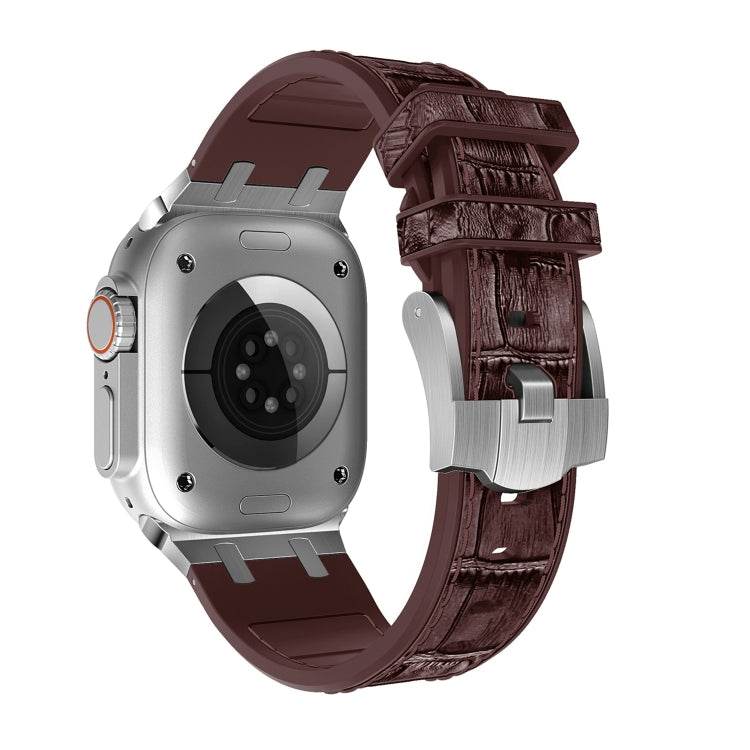 For Apple Watch SE 2022 40mm Crocodile Texture Liquid Silicone Watch Band(Silver Dark Brown) by bashfashion