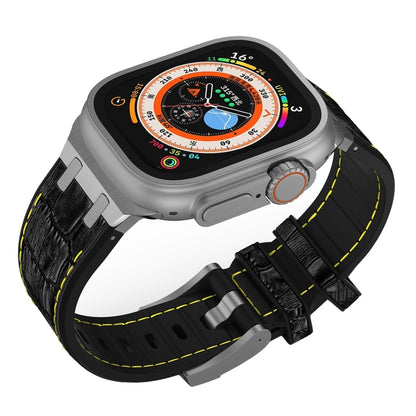 For Apple Watch SE 2022 44mm Crocodile Texture Liquid Silicone Watch Band(Silver Yellow Black) by bashfashion
