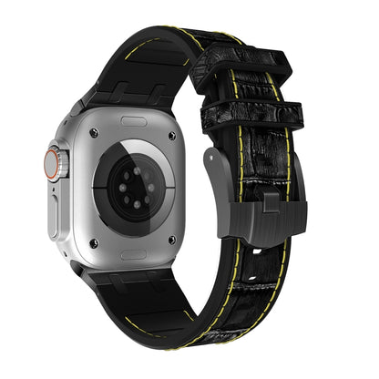 For Apple Watch Series 7 45mm Crocodile Texture Liquid Silicone Watch Band(Black Yellow Black) by bashfashion