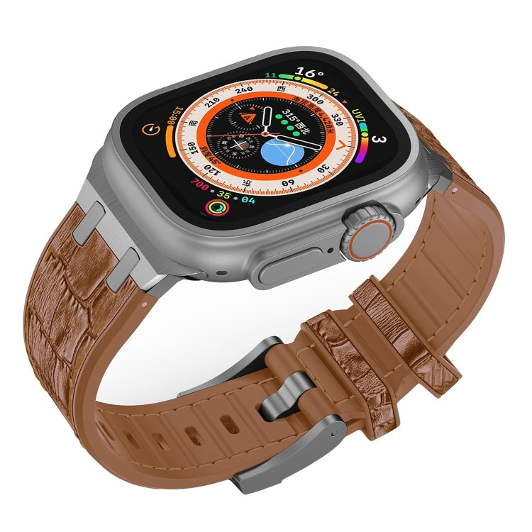 For Apple Watch Series 7 45mm Crocodile Texture Liquid Silicone Watch Band(Silver Yellow Brown) by bashfashion