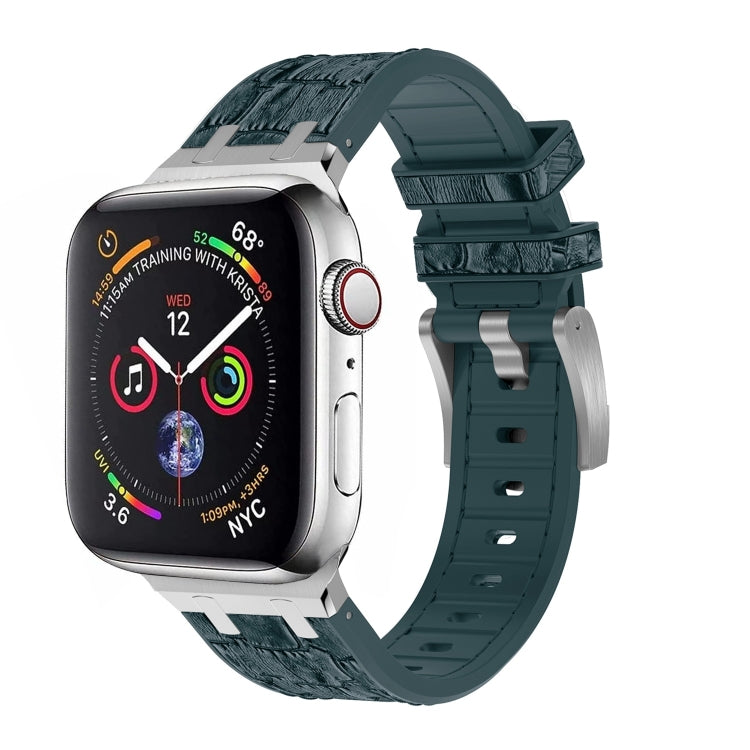 For Apple Watch 38mm Crocodile Texture Liquid Silicone Watch Band(Silver Deep Green) by bashfashion