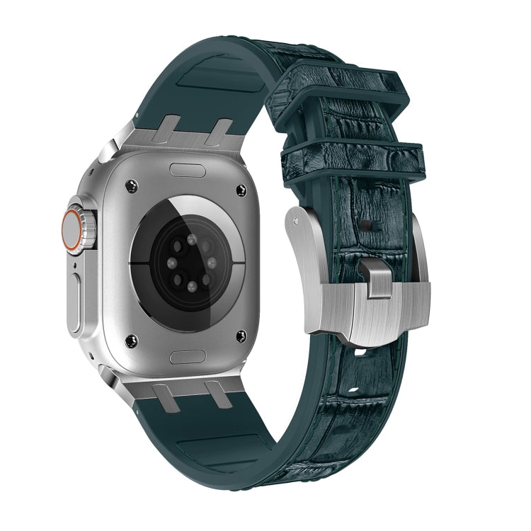 For Apple Watch 38mm Crocodile Texture Liquid Silicone Watch Band(Silver Deep Green) by bashfashion