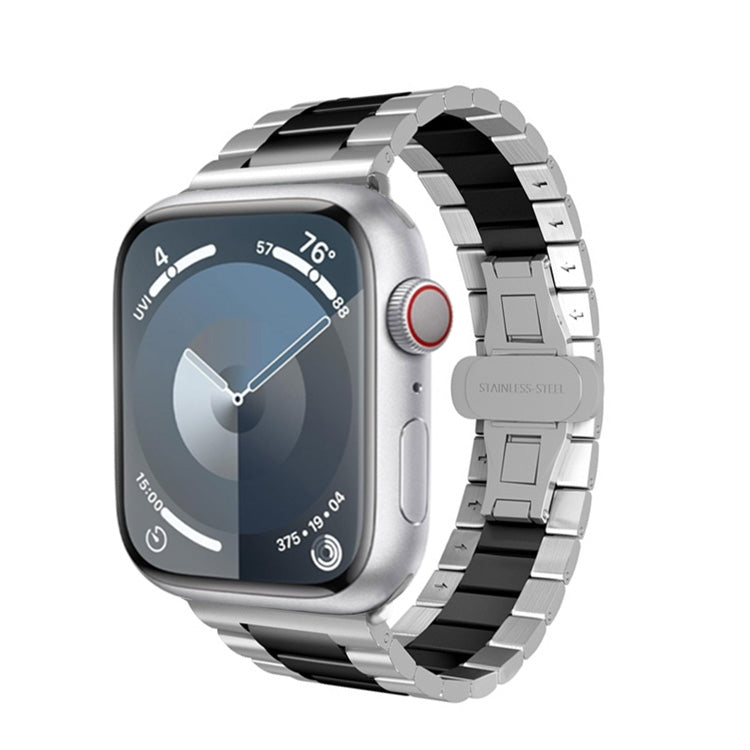 For Apple Watch SE 40mm Three-bead Butterfly Buckle Metal Watch Band(Silver Black) by bashfashion