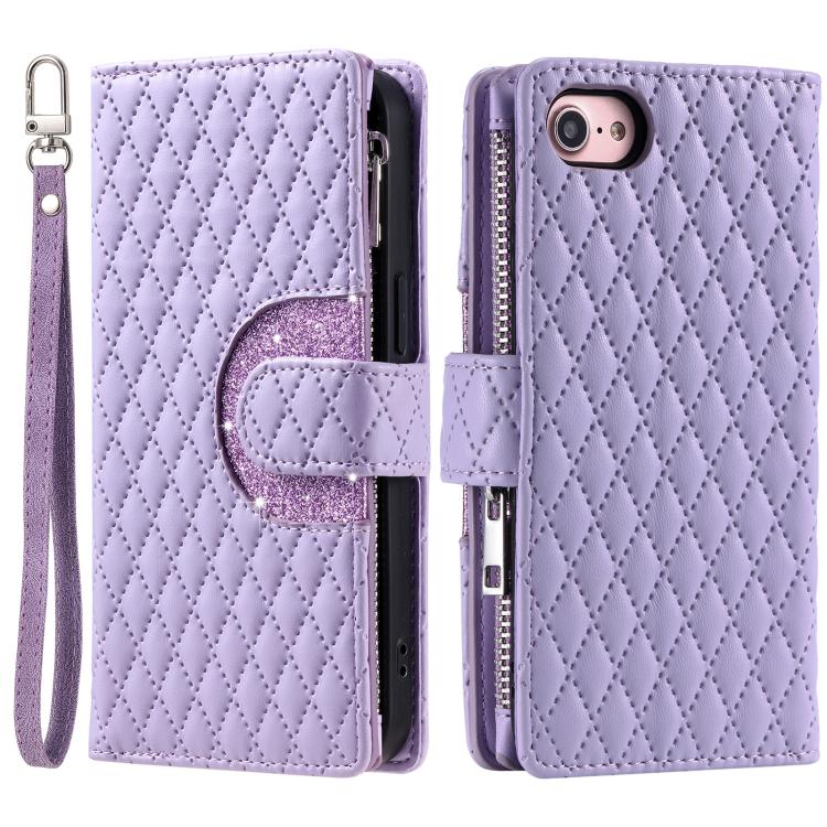 For iPhone 16e Glitter Lattice Zipper Wallet Leather Phone Case(Purple) by bashfashion