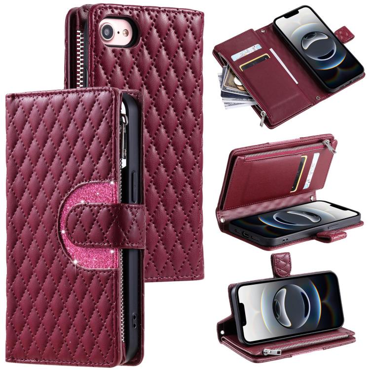 For iPhone 16e Glitter Lattice Zipper Wallet Leather Phone Case(Wine Red) by bashfashion
