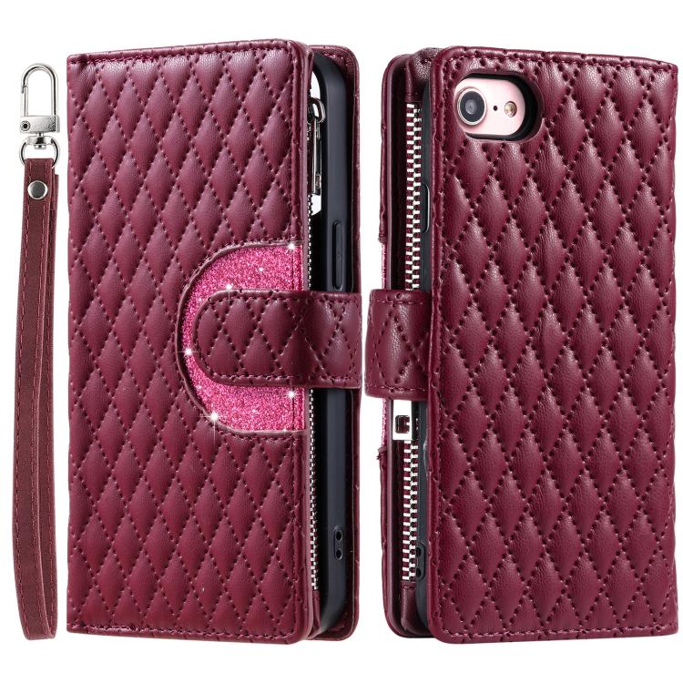 For iPhone 16e Glitter Lattice Zipper Wallet Leather Phone Case(Wine Red) by bashfashion