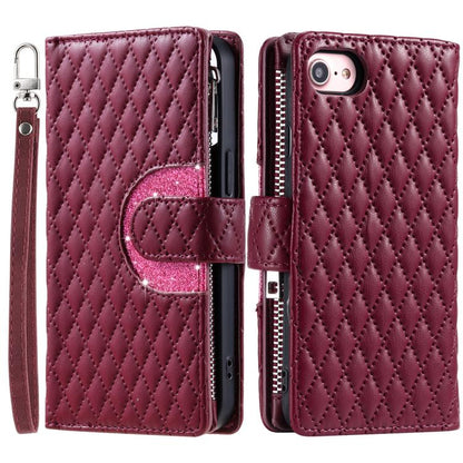 For iPhone 16e Glitter Lattice Zipper Wallet Leather Phone Case(Wine Red) by bashfashion