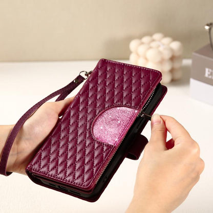 For iPhone 16e Glitter Lattice Zipper Wallet Leather Phone Case(Wine Red) by bashfashion
