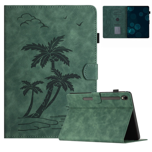 For Samsung Galaxy Tab S9 X710/X716B/X718U Coconut Tree Embossed Smart Leather Tablet Case(Green) by bashfashion