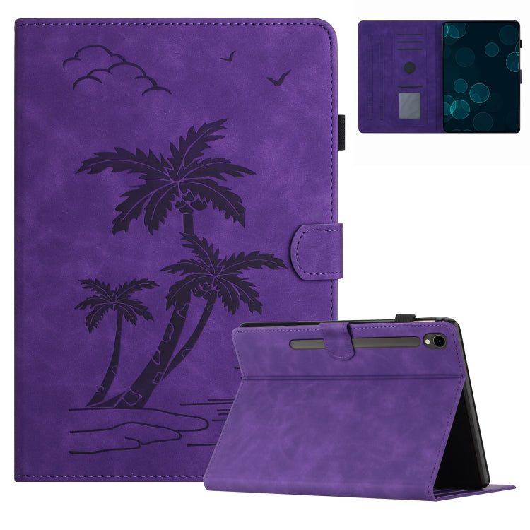 For Samsung Galaxy Tab S9 X710/X716B/X718U Coconut Tree Embossed Smart Leather Tablet Case(Purple) by bashfashion