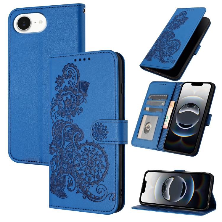 For iPhone 16e Datura Flower Embossed Flip Leather Phone Case(Blue) by bashfashion
