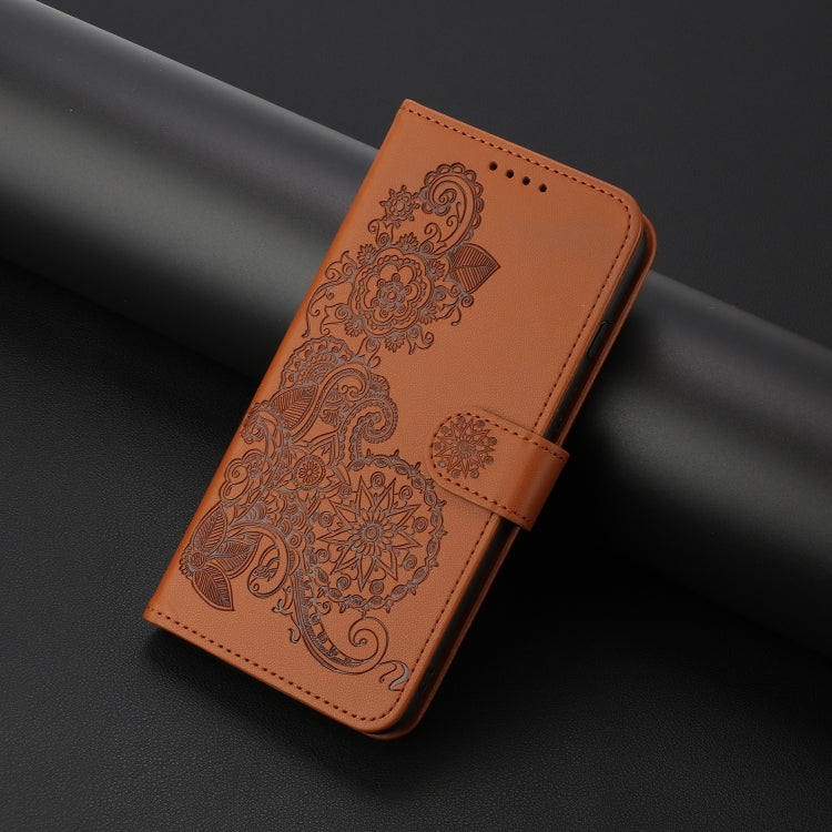 For iPhone 16e Datura Flower Embossed Flip Leather Phone Case(Brown) by bashfashion