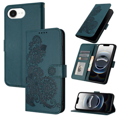 For iPhone 16e Datura Flower Embossed Flip Leather Phone Case(Dark Green) by bashfashion