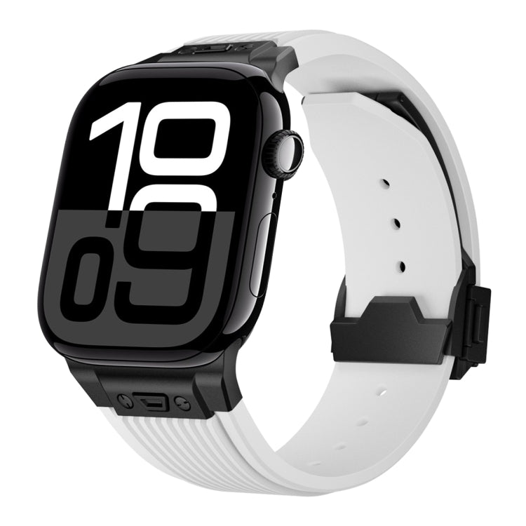For Apple Watch Series 10 46mm Vertical Texture Black Buckle Elastic Silicone Watch Band(White) by bashfashion
