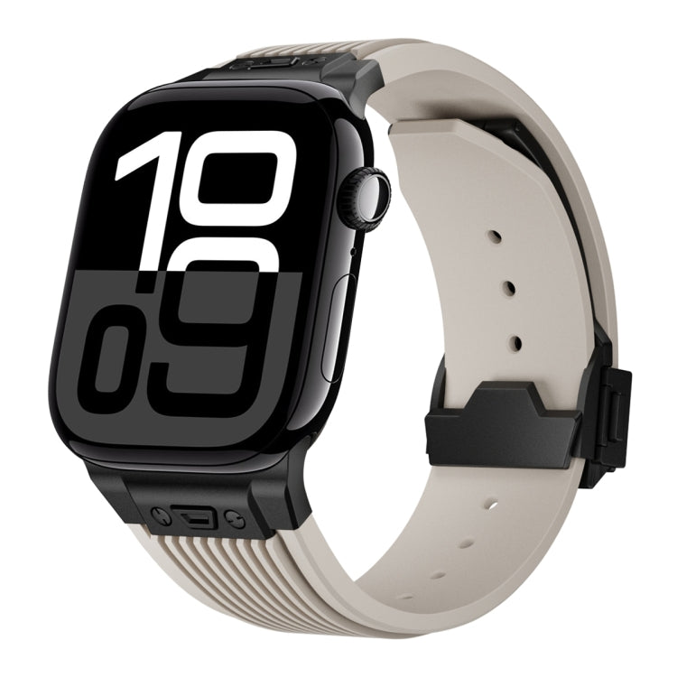 For Apple Watch Series 10 42mm Vertical Texture Black Buckle Elastic Silicone Watch Band(Starlight) by bashfashion