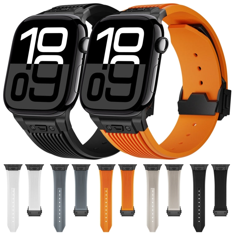 For Apple Watch Series 10 46mm Vertical Texture Black Buckle Elastic Silicone Watch Band(Orange) by bashfashion