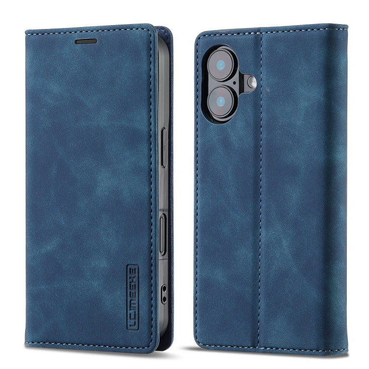 For iPhone 16 LC.IMEEKE Strong Magnetism Microfiber Leather Phone Case(Blue) by LC.IMEEKE