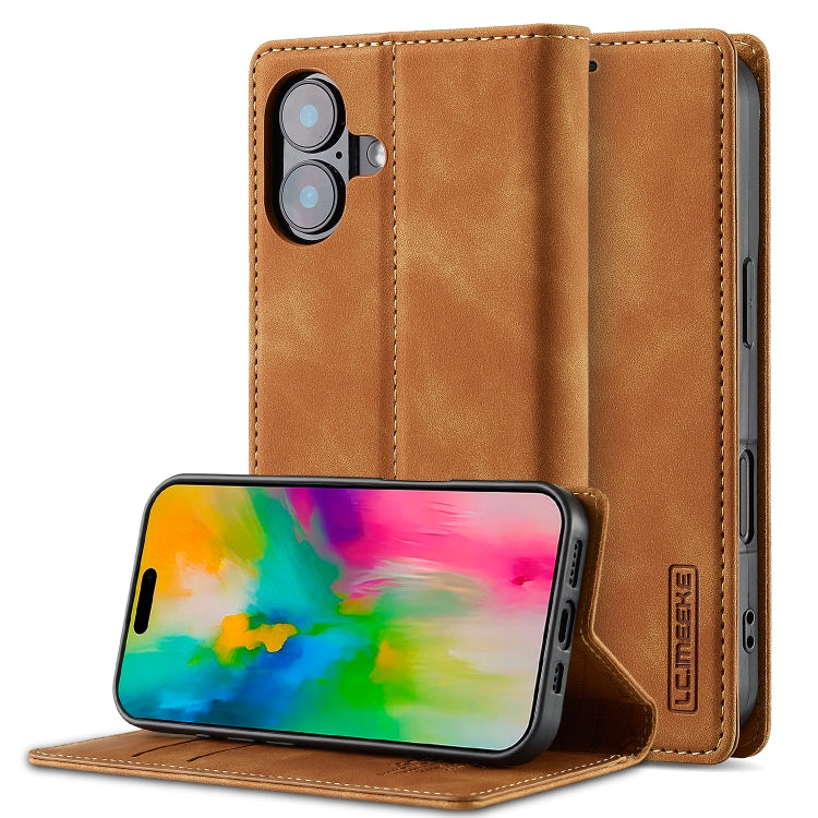 For iPhone 16 LC.IMEEKE Strong Magnetism Microfiber Leather Phone Case(Brown) by LC.IMEEKE