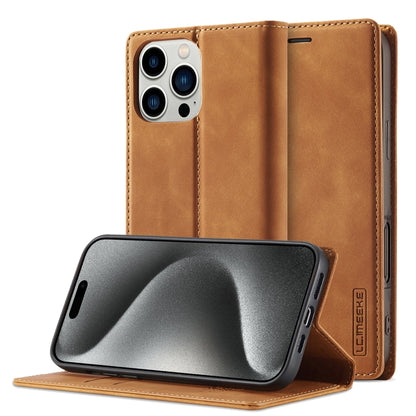 For iPhone 16 Pro LC.IMEEKE Strong Magnetism Microfiber Leather Phone Case(Brown) by LC.IMEEKE